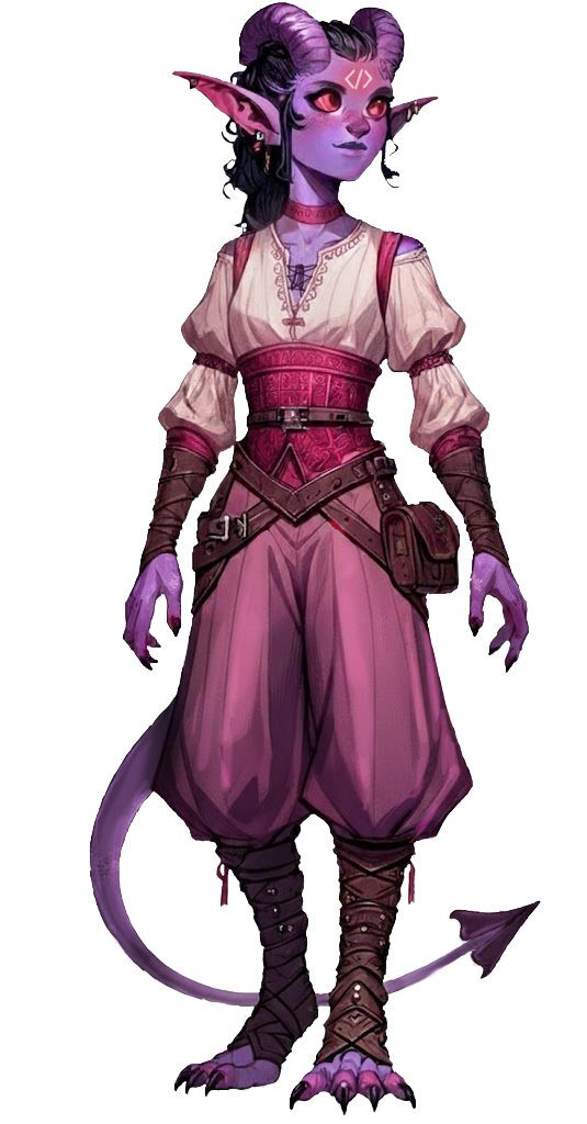 Vira, a purple-skinned tiefling with curled horns, pointed ears, and a tail, wearing a cream blouse, crimson corset, and wrapped leather boots